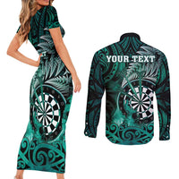 Personalised New Zealand Darts Couples Matching Short Sleeve Bodycon Dress and Long Sleeve Button Shirt Maori Koru Dartboard Turquoise Flame