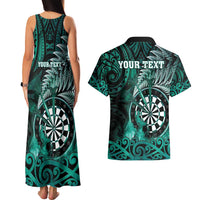 Personalised New Zealand Darts Couples Matching Tank Maxi Dress and Hawaiian Shirt Maori Koru Dartboard Turquoise Flame