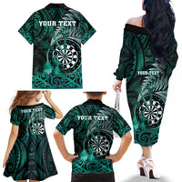 Personalised New Zealand Darts Family Matching Off The Shoulder Long Sleeve Dress and Hawaiian Shirt Maori Koru Dartboard Turquoise Flame