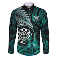 Personalised New Zealand Darts Family Matching Off The Shoulder Long Sleeve Dress and Hawaiian Shirt Maori Koru Dartboard Turquoise Flame