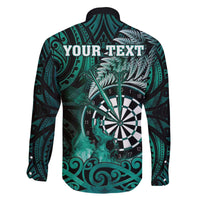 Personalised New Zealand Darts Family Matching Off The Shoulder Long Sleeve Dress and Hawaiian Shirt Maori Koru Dartboard Turquoise Flame
