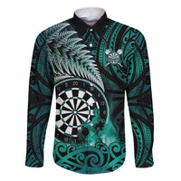 Personalised New Zealand Darts Family Matching Off Shoulder Maxi Dress and Hawaiian Shirt Maori Koru Dartboard Turquoise Flame LT05 Dad's Shirt - Long Sleeve Turquoise - Polynesian Pride