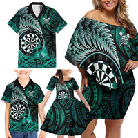 Personalised New Zealand Darts Family Matching Off Shoulder Short Dress and Hawaiian Shirt Maori Koru Dartboard Turquoise Flame
