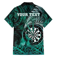Personalised New Zealand Darts Family Matching Off Shoulder Short Dress and Hawaiian Shirt Maori Koru Dartboard Turquoise Flame