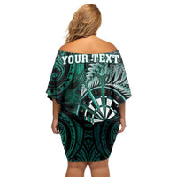 Personalised New Zealand Darts Family Matching Off Shoulder Short Dress and Hawaiian Shirt Maori Koru Dartboard Turquoise Flame