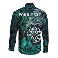 Personalised New Zealand Darts Long Sleeve Button Shirt Maori Koru Dartboard Turquoise Flame