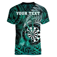 Personalised New Zealand Darts Women V-Neck T-Shirt Maori Koru Dartboard Turquoise Flame