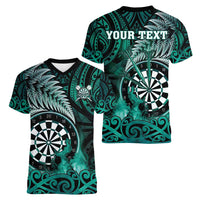 Personalised New Zealand Darts Women V-Neck T-Shirt Maori Koru Dartboard Turquoise Flame