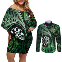 Personalised New Zealand Darts Couples Matching Off Shoulder Short Dress and Long Sleeve Button Shirt Maori Koru Dartboard Green Flame
