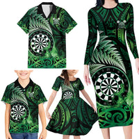 Personalised New Zealand Darts Family Matching Long Sleeve Bodycon Dress and Hawaiian Shirt Maori Koru Dartboard Green Flame
