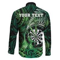 Personalised New Zealand Darts Family Matching Long Sleeve Bodycon Dress and Hawaiian Shirt Maori Koru Dartboard Green Flame