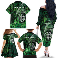 Personalised New Zealand Darts Family Matching Off The Shoulder Long Sleeve Dress and Hawaiian Shirt Maori Koru Dartboard Green Flame