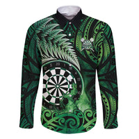 Personalised New Zealand Darts Family Matching Off Shoulder Maxi Dress and Hawaiian Shirt Maori Koru Dartboard Green Flame LT05 Dad's Shirt - Long Sleeve Green - Polynesian Pride