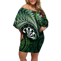 Personalised New Zealand Darts Family Matching Off Shoulder Short Dress and Hawaiian Shirt Maori Koru Dartboard Green Flame