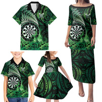 Personalised New Zealand Darts Family Matching Puletasi and Hawaiian Shirt Maori Koru Dartboard Green Flame