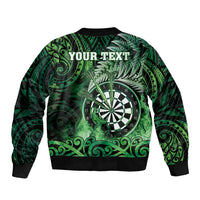 Personalised New Zealand Darts Sleeve Zip Bomber Jacket Maori Koru Dartboard Green Flame