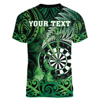 Personalised New Zealand Darts Women V-Neck T-Shirt Maori Koru Dartboard Green Flame