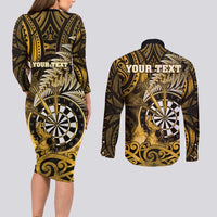 Personalised New Zealand Darts Couples Matching Long Sleeve Bodycon Dress and Long Sleeve Button Shirt Maori Koru Dartboard Gold Flame