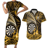 Personalised New Zealand Darts Couples Matching Short Sleeve Bodycon Dress and Hawaiian Shirt Maori Koru Dartboard Gold Flame
