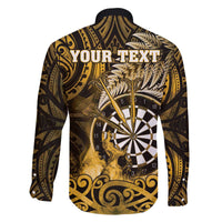 Personalised New Zealand Darts Family Matching Off The Shoulder Long Sleeve Dress and Hawaiian Shirt Maori Koru Dartboard Gold Flame LT05 - Polynesian Pride