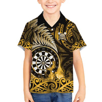 Personalised New Zealand Darts Family Matching Off Shoulder Maxi Dress and Hawaiian Shirt Maori Koru Dartboard Gold Flame LT05 Son's Shirt Gold - Polynesian Pride