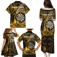 Personalised New Zealand Darts Family Matching Puletasi and Hawaiian Shirt Maori Koru Dartboard Gold Flame