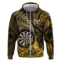 Personalised New Zealand Darts Hoodie Maori Koru Dartboard Gold Flame