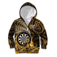 Personalised New Zealand Darts Kid Hoodie Maori Koru Dartboard Gold Flame