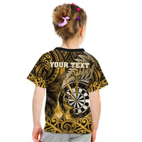 Personalised New Zealand Darts Kid T Shirt Maori Koru Dartboard Gold Flame