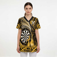 Personalised New Zealand Darts Scrub Top Maori Koru Dartboard Gold Flame - Polynesian Pride