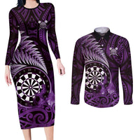 Personalised New Zealand Darts Couples Matching Long Sleeve Bodycon Dress and Long Sleeve Button Shirt Maori Koru Dartboard Purple Flame