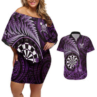 Personalised New Zealand Darts Couples Matching Off Shoulder Short Dress and Hawaiian Shirt Maori Koru Dartboard Purple Flame