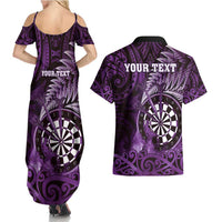 Personalised New Zealand Darts Couples Matching Summer Maxi Dress and Hawaiian Shirt Maori Koru Dartboard Purple Flame