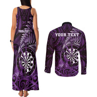Personalised New Zealand Darts Couples Matching Tank Maxi Dress and Long Sleeve Button Shirt Maori Koru Dartboard Purple Flame