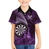 Personalised New Zealand Darts Family Matching Short Sleeve Bodycon Dress and Hawaiian Shirt Maori Koru Dartboard Purple Flame