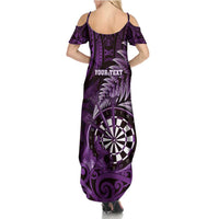 Personalised New Zealand Darts Family Matching Summer Maxi Dress and Hawaiian Shirt Maori Koru Dartboard Purple Flame