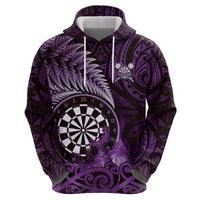 Personalised New Zealand Darts Hoodie Maori Koru Dartboard Purple Flame