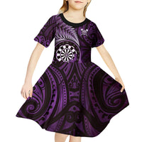 Personalised New Zealand Darts Kid Short Sleeve Dress Maori Koru Dartboard Purple Flame