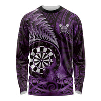 Personalised New Zealand Darts Long Sleeve Shirt Maori Koru Dartboard Purple Flame