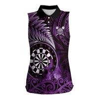 Personalised New Zealand Darts Women Sleeveless Polo Shirt Maori Koru Dartboard Purple Flame