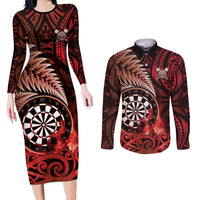 Personalised New Zealand Darts Couples Matching Long Sleeve Bodycon Dress and Long Sleeve Button Shirt Maori Koru Dartboard Red Flame
