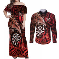Personalised New Zealand Darts Couples Matching Off Shoulder Maxi Dress and Long Sleeve Button Shirt Maori Koru Dartboard Red Flame