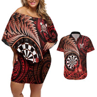 Personalised New Zealand Darts Couples Matching Off Shoulder Short Dress and Hawaiian Shirt Maori Koru Dartboard Red Flame