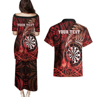 Personalised New Zealand Darts Couples Matching Puletasi and Hawaiian Shirt Maori Koru Dartboard Red Flame