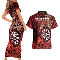 Personalised New Zealand Darts Couples Matching Short Sleeve Bodycon Dress and Hawaiian Shirt Maori Koru Dartboard Red Flame
