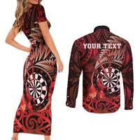 Personalised New Zealand Darts Couples Matching Short Sleeve Bodycon Dress and Long Sleeve Button Shirt Maori Koru Dartboard Red Flame