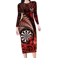 Personalised New Zealand Darts Family Matching Long Sleeve Bodycon Dress and Hawaiian Shirt Maori Koru Dartboard Red Flame