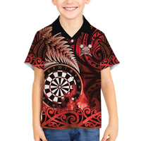 Personalised New Zealand Darts Family Matching Off The Shoulder Long Sleeve Dress and Hawaiian Shirt Maori Koru Dartboard Red Flame