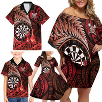 Personalised New Zealand Darts Family Matching Off Shoulder Short Dress and Hawaiian Shirt Maori Koru Dartboard Red Flame