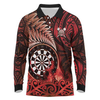 Personalised New Zealand Darts Long Sleeve Polo Shirt Maori Koru Dartboard Red Flame LT05 Red - Polynesian Pride